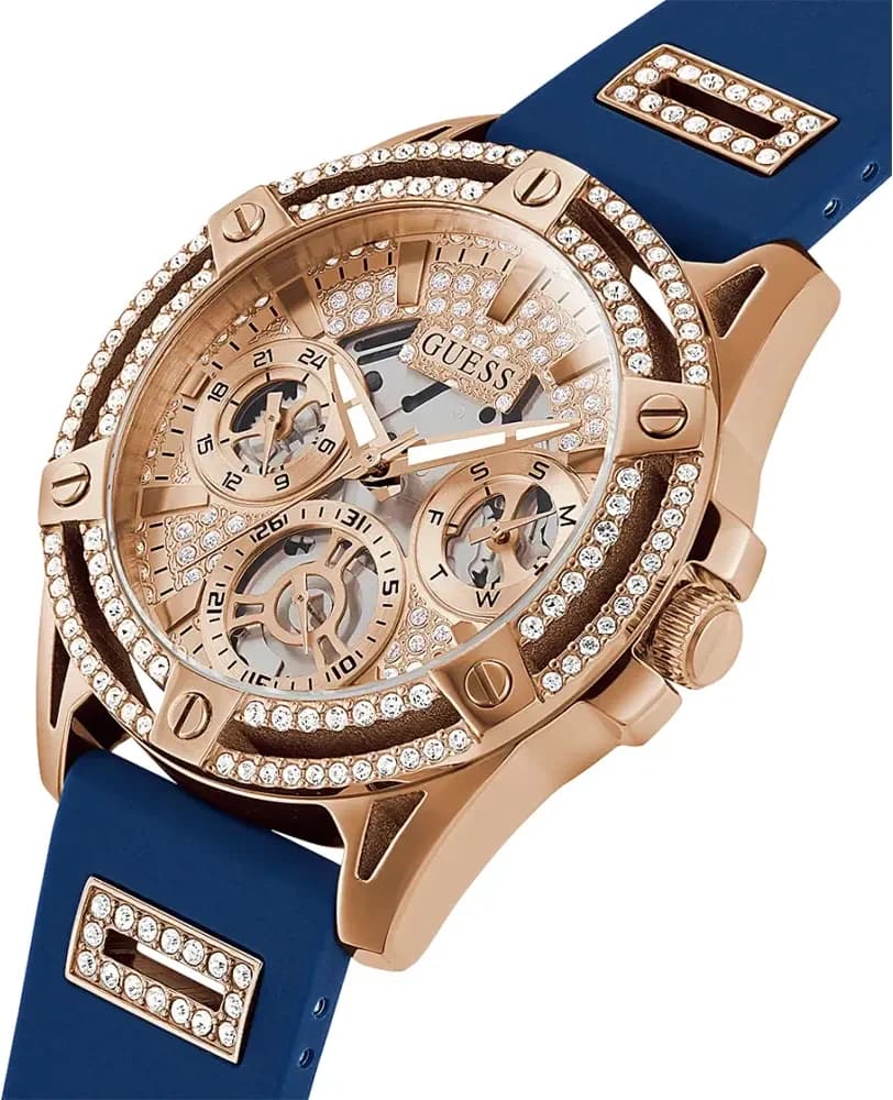 Cadran Guess GW0536L5 bleu soleil avec index strass, aiguilles or rose, date à 3h, élégance scintillante