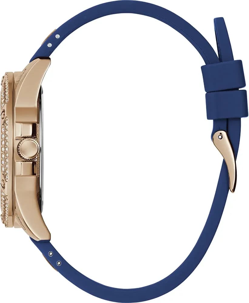 Bracelet Guess GW0536L5 silicone bleu souple, boucle ardillon or rose, confort et couleur assortie au cadran