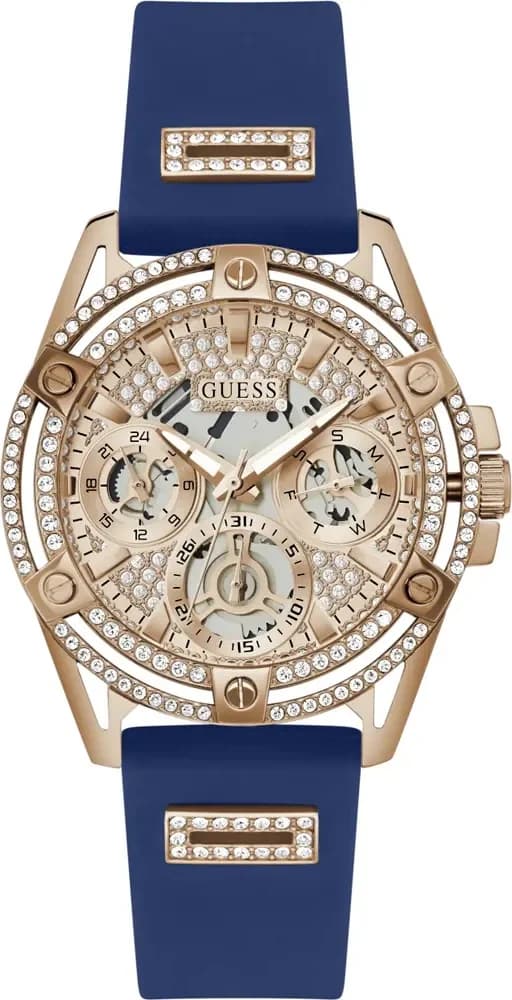 Montre Guess GW0536L5 au cadran bleu soleil, boîtier or rose et index strass, style féminin glamour