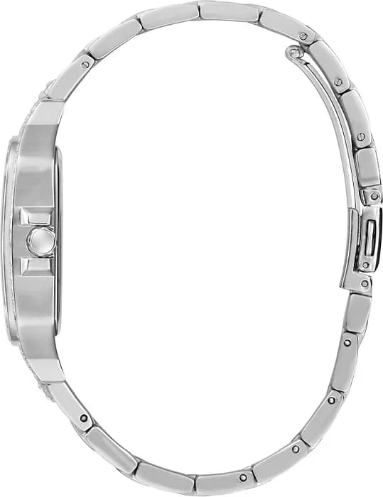 Cadran Guess GW0472L1 blanc nacré avec index bâtons et aiguilles argentées, discrète date à 3h pour une touche pratique