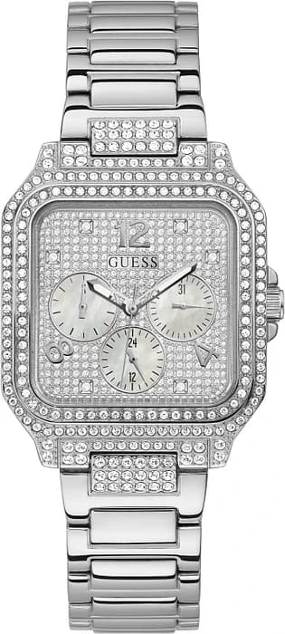 Montre Guess GW0472L1 au cadran blanc nacré et boîtier carré argenté orné de strass, style élégant et féminin