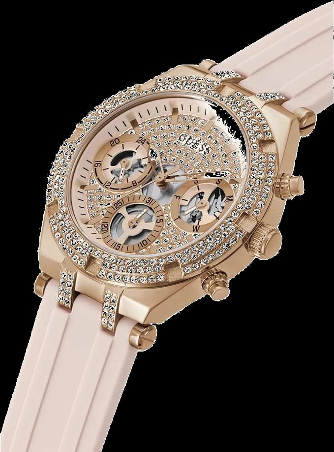 Cadran Guess GW0407L3 avec index dorés et aiguilles fines, signature Guess au centre