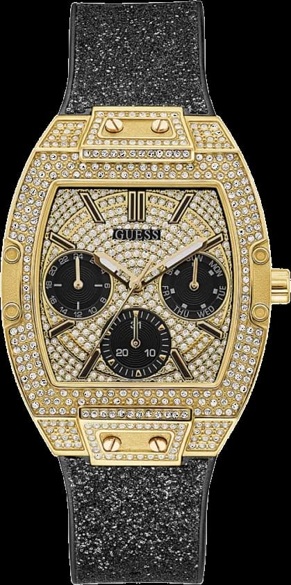 Montre Guess GW0105L2 avec cadran noir et finitions dorées, style chic et pailleté