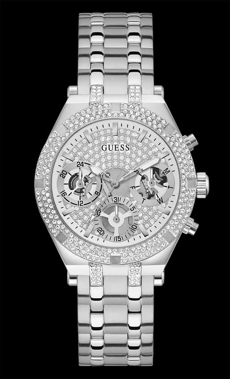 Montre Guess GW0440L1 au cadran blanc nacré avec index dorés et aiguilles argentées, élégance féminine