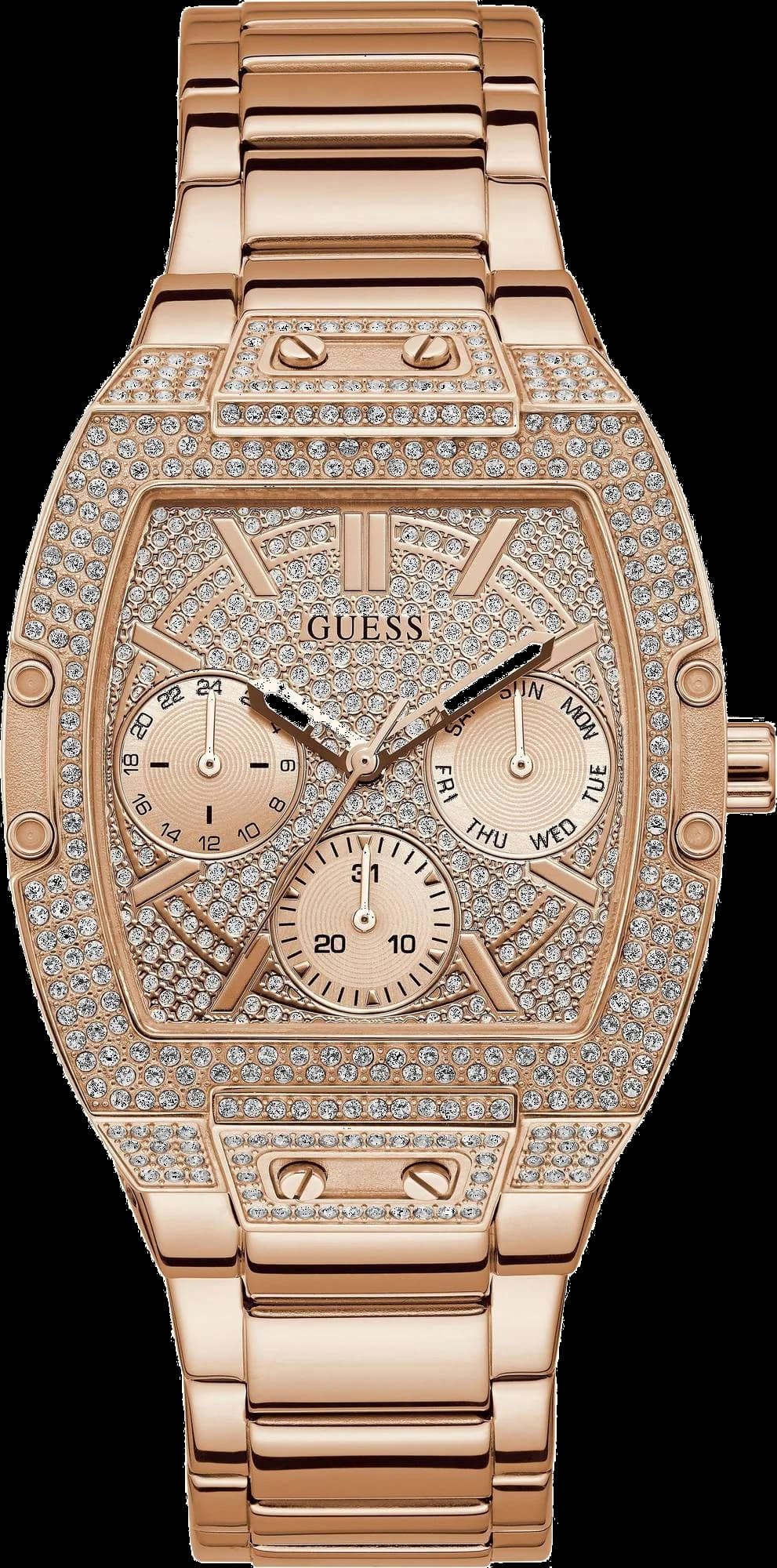 Montre Guess GW0104L3 au cadran blanc nacré et finitions or rose, style élégant et raffiné