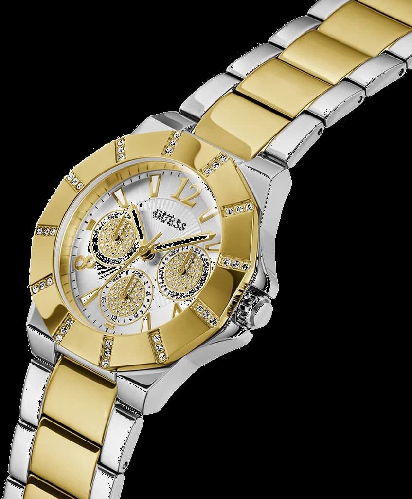 Cadran Guess GW0616L2 avec index baguette, aiguilles dorées et guichet date à 4h30