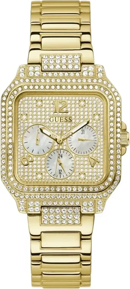 Montre Guess GW0472L2 au cadran doré orné de strass, style glamour féminin