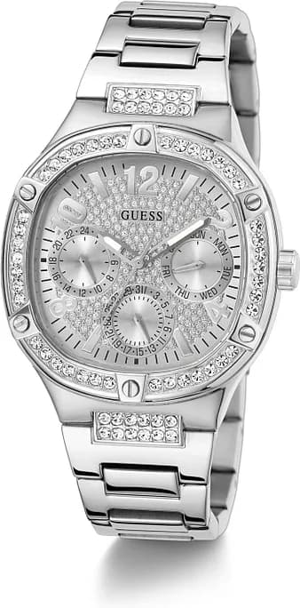 Boîtier Guess GW0558L1 rond en acier argenté orné de strass, lunette scintillante vue de profil