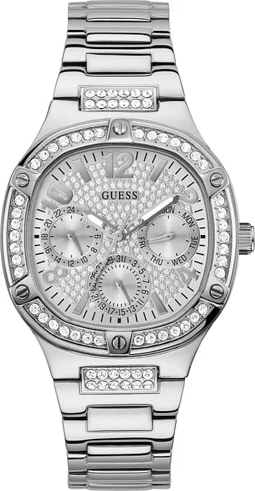 Montre Guess GW0558L1 argent avec cadran blanc nacré et index dorés, style élégant