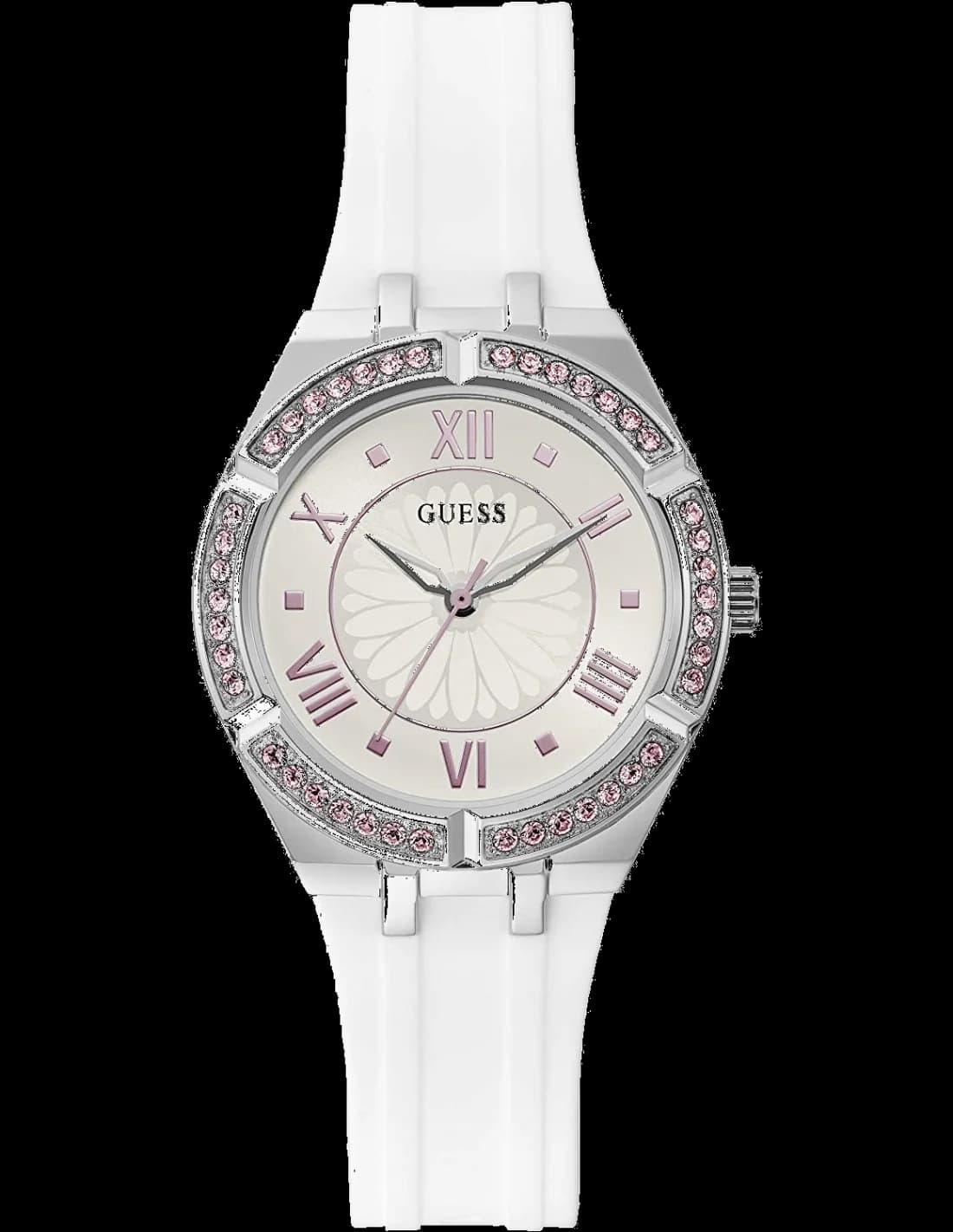 Montre Guess GW0032L1 cadran blanc nacré, index strass et aiguilles dorées, style chic et étincelant