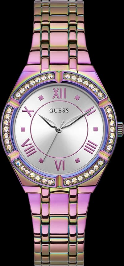 Montre Guess GW0033L6 au cadran blanc nacré orné de cristaux multicolores et d'index dorés, style glamour