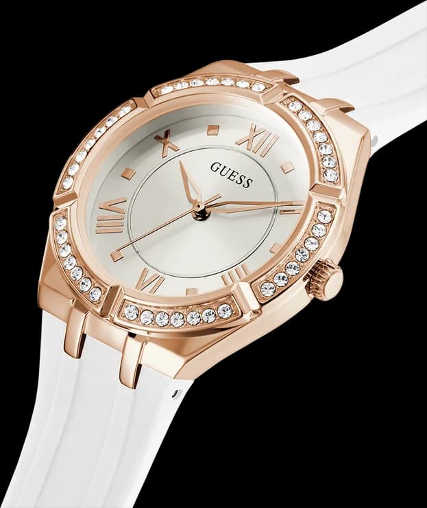 Cadran Guess GW0034L2 blanc nacré avec index dorés et aiguilles en or rose, sobriété élégante