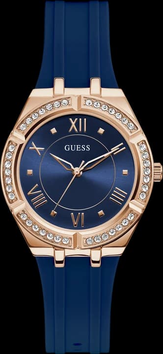 Montre Guess GW0034L4 avec cadran bleu soleil, index dorés et boîtier or rose, style tendance et féminin