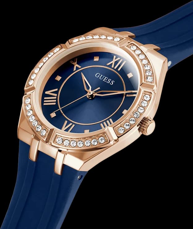 Cadran Guess GW0034L4 bleu soleil orné de 8 index cristal et aiguilles or rose, date à 3h, élégant