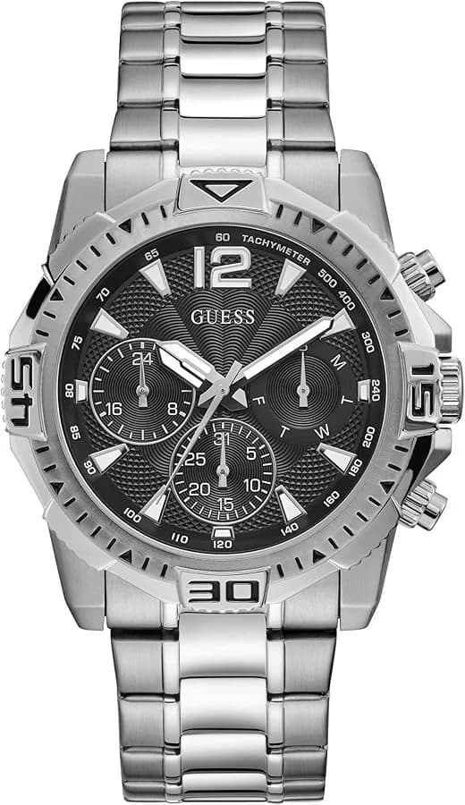 Montre Guess GW0056G1 au cadran noir multifonction avec index argentés et aiguilles luminescentes, style sport chic