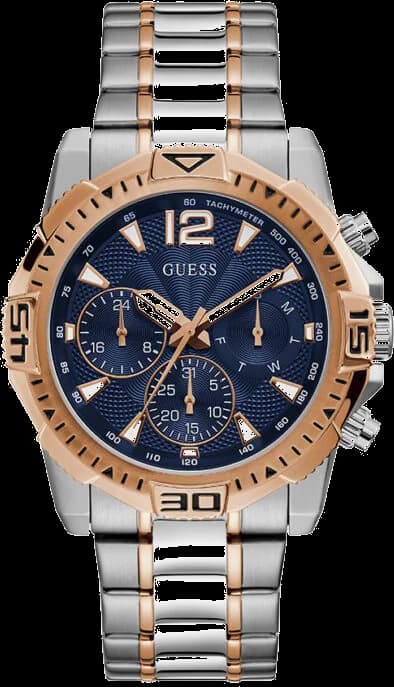 Montre Guess GW0056G5 avec cadran bleu soleil, trois compteurs et index argentés, style sport chic