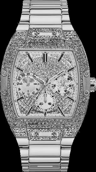 Montre Guess GW0094G1 au cadran argenté micropavé de cristaux, style tonneau 43mm élégant et scintillant