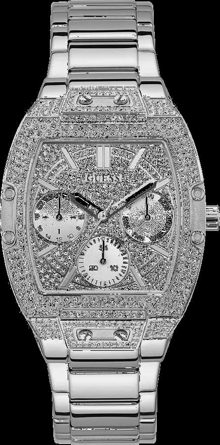 Montre Guess GW0104L1 argentée avec cadran blanc nacré et cristaux scintillants, style chic et féminin