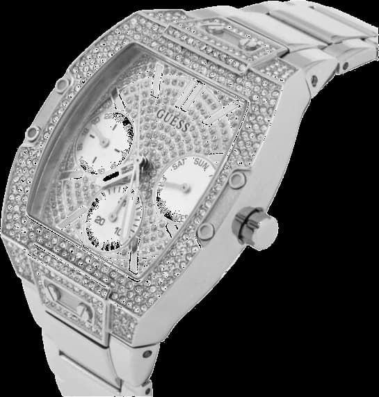 Cadran Guess GW0104L1 blanc nacré orné d'index en cristaux et aiguilles argentées, date à 3h