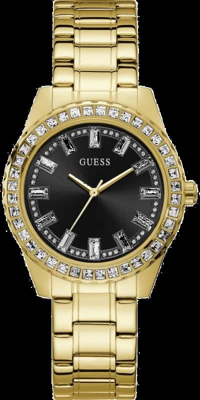 Montre Guess GW0111L2 au cadran noir scintillant et boîtier acier doré, style raffiné et glamour