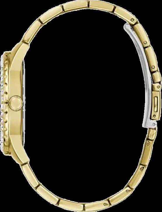 Cadran Guess GW0111L2 noir parsemé de cristaux, index dorés et aiguilles fines, élégance lumineuse