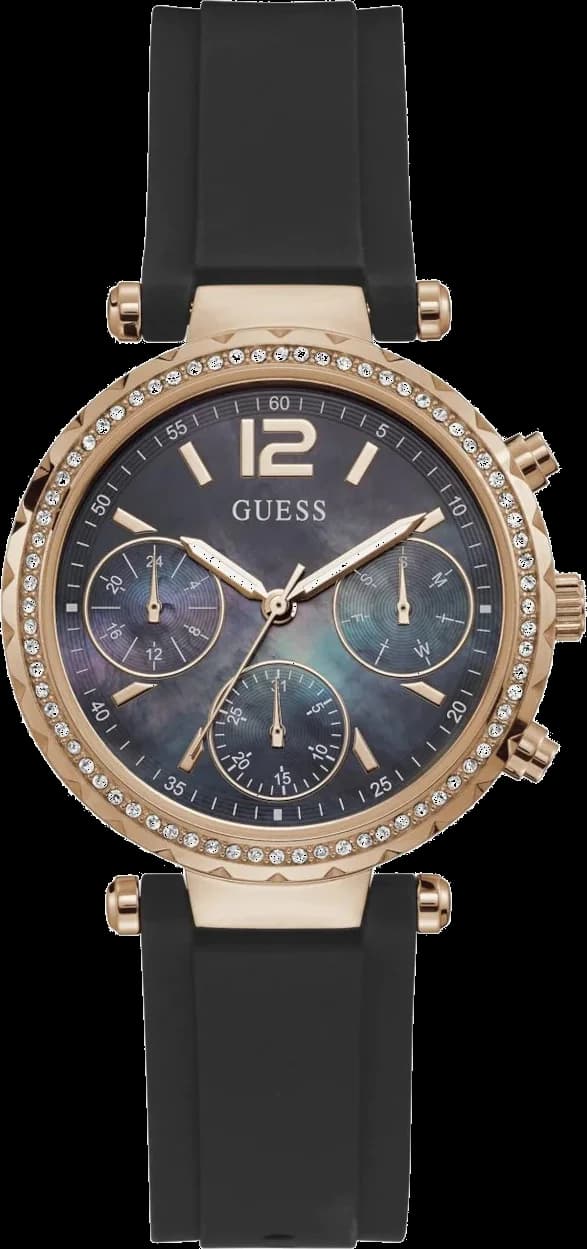 Montre Guess GW0113L2 avec cadran nacre blanc irisé et index dorés, style élégant et féminin