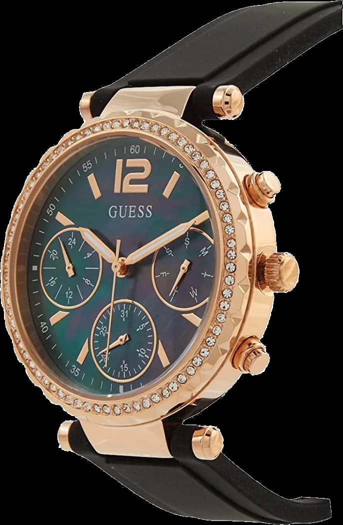 Cadran Guess GW0113L2 détail nacre naturel, index bâtons dorés, aiguilles et logo à 12h