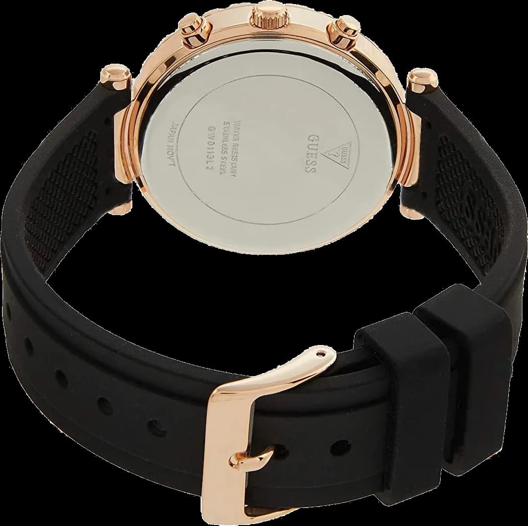 Bracelet Guess GW0113L2 en silicone noir texturé, boucle ardillon dorée, confortable et sportif