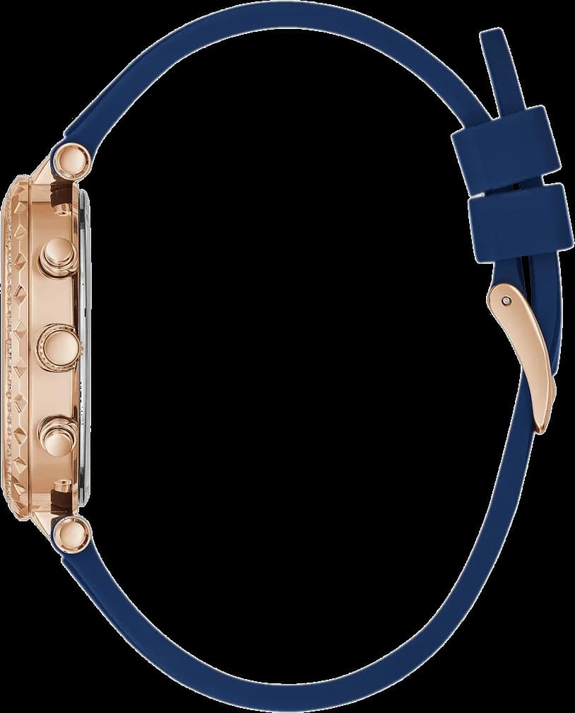 Cadran Guess GW0113L3 bleu avec index bâtons et chiffres romains, aiguilles or rose, date à 3h