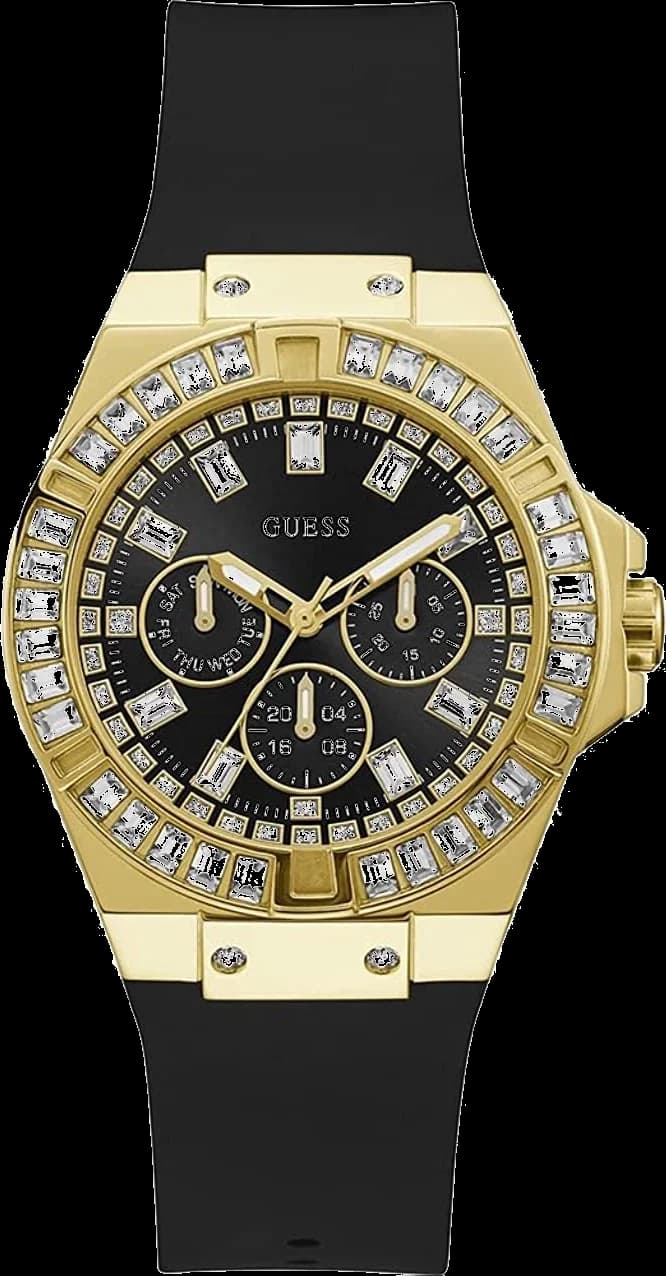 Montre Guess GW0118L1 avec cadran noir et index dorés, style élégant et moderne