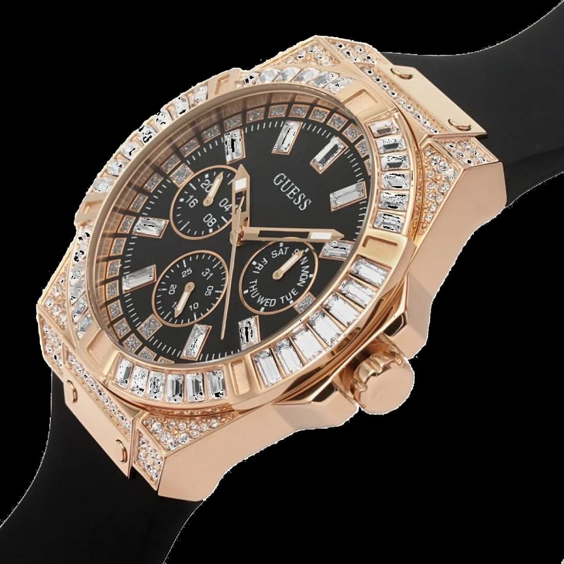Cadran Guess GW0118L2 avec index bâtons dorés, aiguilles dauphine et guichet date à 3h