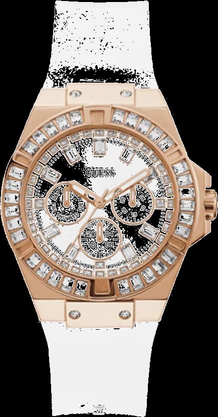 Montre Guess GW0118L4 au cadran blanc scintillant avec index cristaux et aiguilles dorées, style élégant