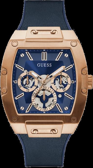 Montre Guess GW0202G4 en boîtier or rose avec cadran bleu soleil et index dorés, style glamour décontracté