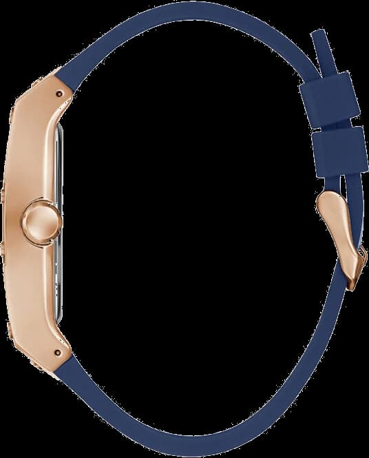 Cadran Guess GW0202G4 bleu soleil avec index bâtons dorés, aiguilles luminescentes et date à 3h, design moderne