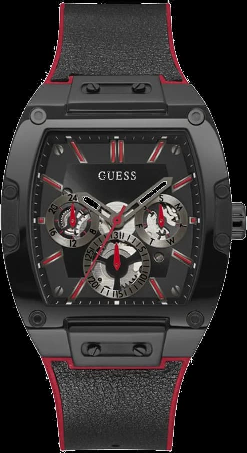 Montre Guess GW0202G7 au cadran noir soleillé avec logo G emblématique et aiguilles argentées, style sport chic
