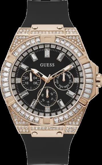 Montre Guess GW0208G4 au boîtier or rose et au cadran noir texturé, style chic et moderne