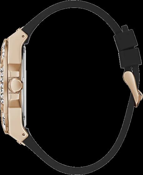 Cadran Guess GW0208G4 avec index bâtons argentés et aiguilles dorées sur fond noir mat
