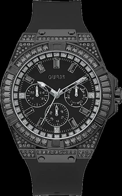 Montre Guess GW0208G5 avec cadran noir soleil, trois compteurs chrono et date à 4h, style sport chic