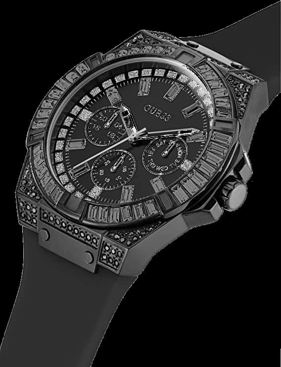 Cadran Guess GW0208G5 au cadran noir soleillé, index appliqués blancs, aiguilles luminescentes, compteurs 24h/60s/30min