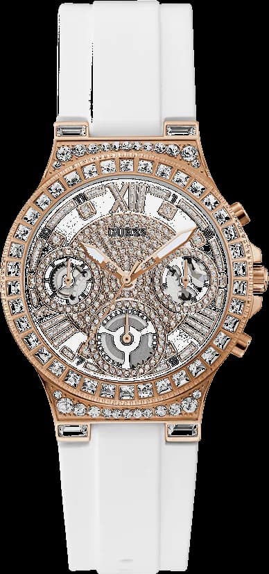 Montre Guess GW0257L2 au cadran blanc lumineux et aiguilles dorées, style élégant et raffiné
