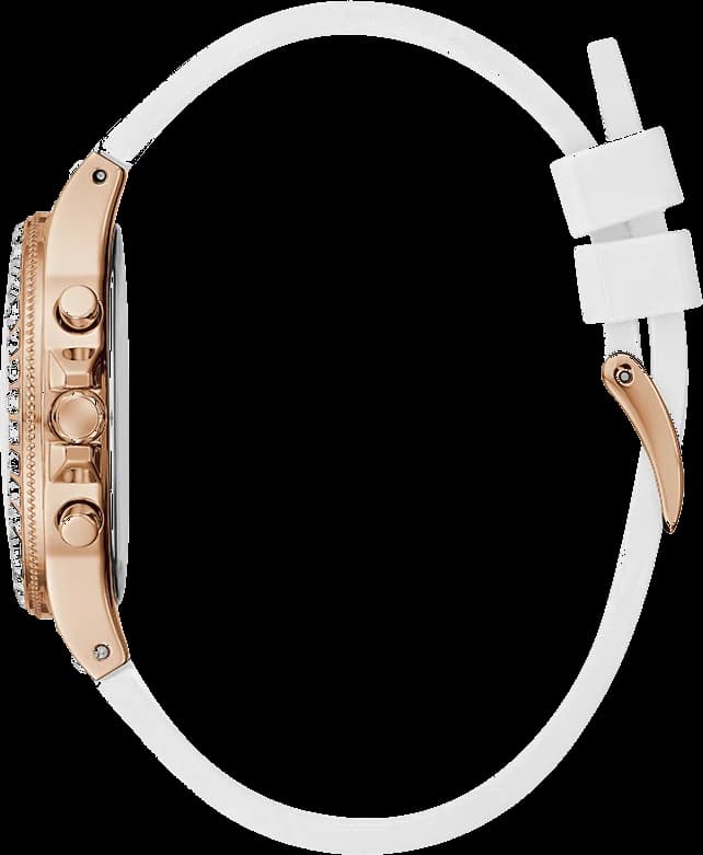 Montre Femme Guess Moonlight GW0257L2 bracelet silicone blanc boitier or rose orné de strass vue 2