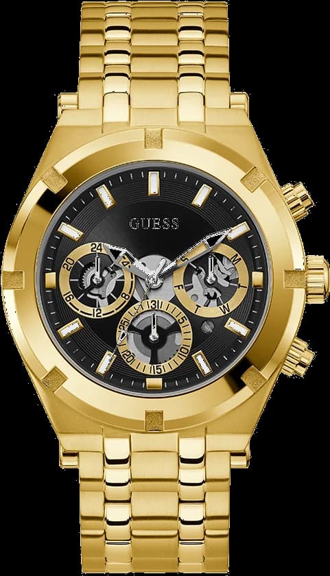 Montre Guess GW0260G2 au cadran noir contrasté sur boîtier acier doré 44mm, style chic et moderne pour homme