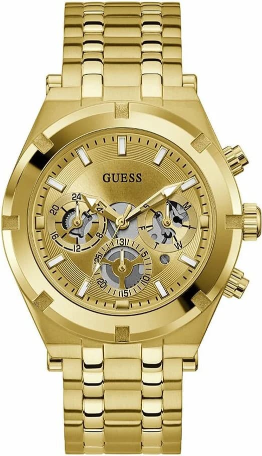 Montre Guess GW0260G4 avec cadran noir soleil, index dorés et aiguilles luminescentes, style élégant et sportif