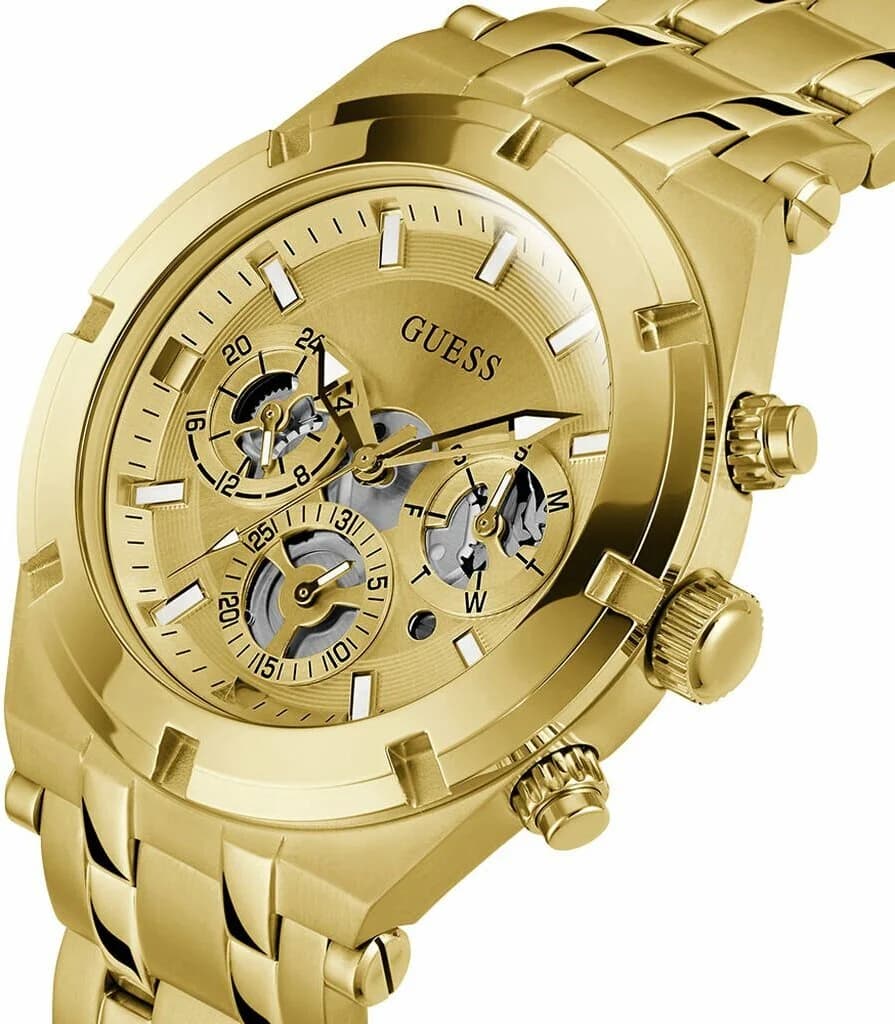 Cadran Guess GW0260G4 multifonctions à 6h, 9h et 12h, aiguilles dorées sur fond noir texturé, contraste raffiné