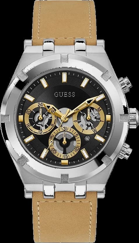 Montre Guess GW0262G1 au cadran noir multifonction sur fond argenté, style moderne et élégant