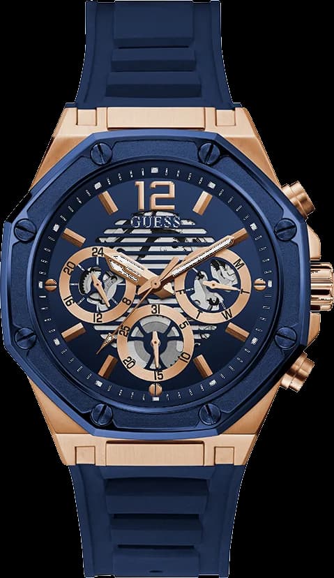 Montre Guess GW0263G2 au boîtier octogonal or rose et cadran bleu fumé avec index dorés