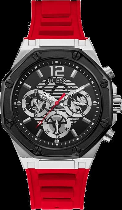 Montre Guess GW0263G3 au cadran noir soleil et boîtier argenté, bracelet silicone rouge sportif