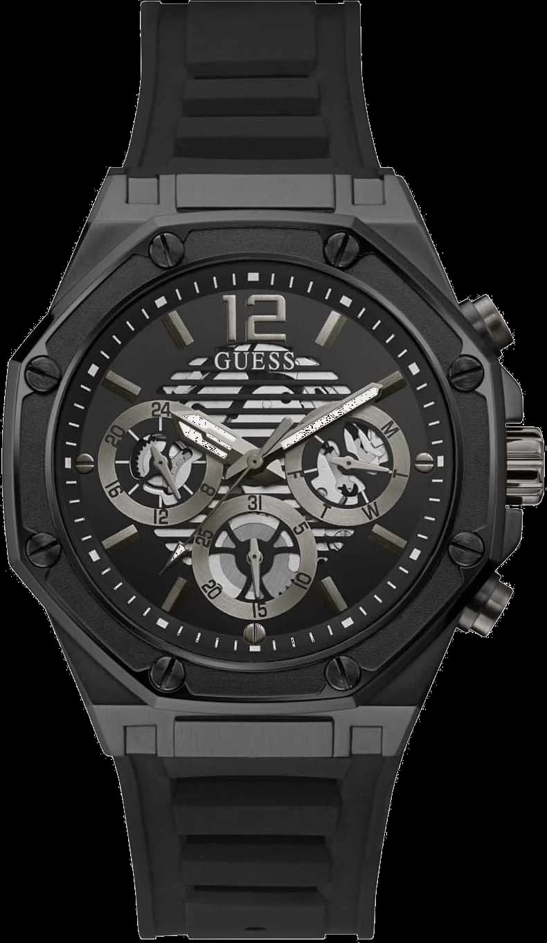 Montre Guess GW0263G4 au cadran noir intense avec index bâtons et aiguilles argentées, style sport chic