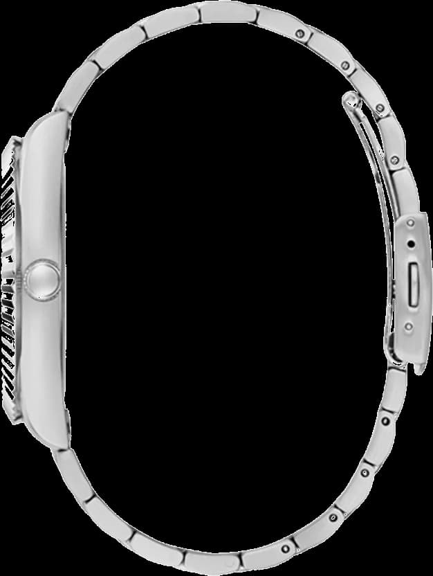 Cadran Guess GW0265G1 avec index bâtons et aiguilles argentées, guichet date à 3h, finition soleillée