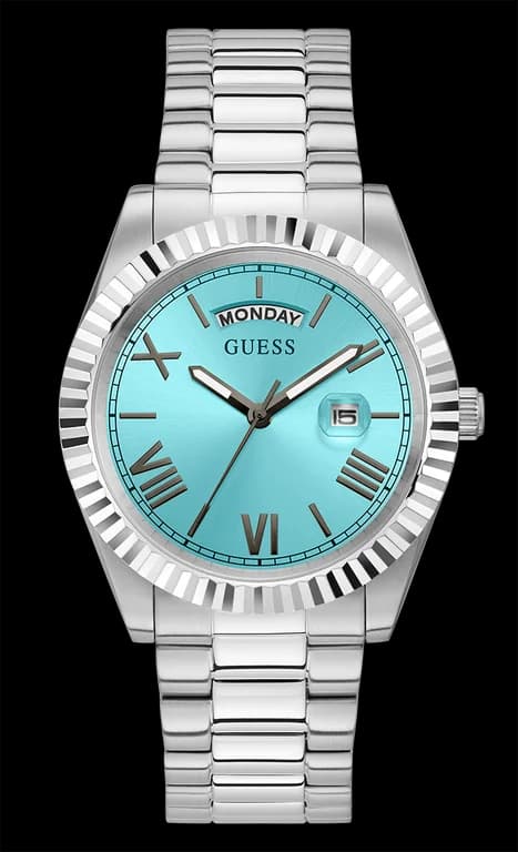 Montre Guess GW0265G11 cadran turquoise soleil, acier argenté, style moderne et élégant pour homme